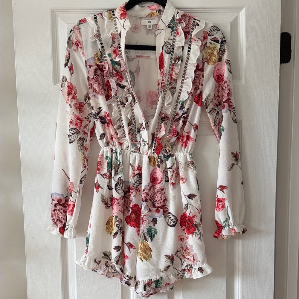 BP Floral Ruffle Dress with Red and Pink Accents